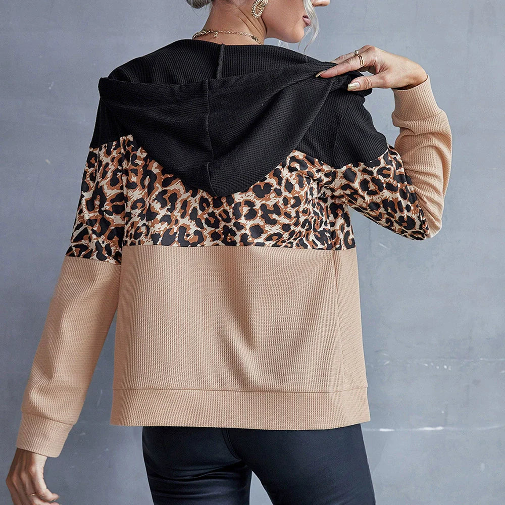 Zipper Front Patchwork Design Hooded Sweatshirt