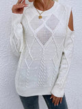 Women's Knit Sweater – Loose Fit – Open Shoulders – Cable Knit – Ribbed Cuffs