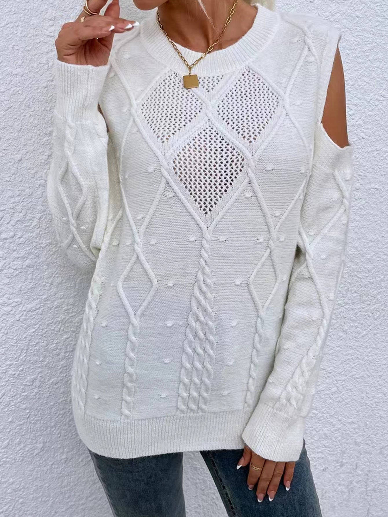 Women's Knit Sweater – Loose Fit – Open Shoulders – Cable Knit – Ribbed Cuffs