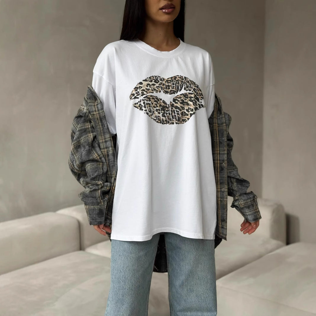 Loose Fit Cotton Blend Leopard Lips T-shirt
