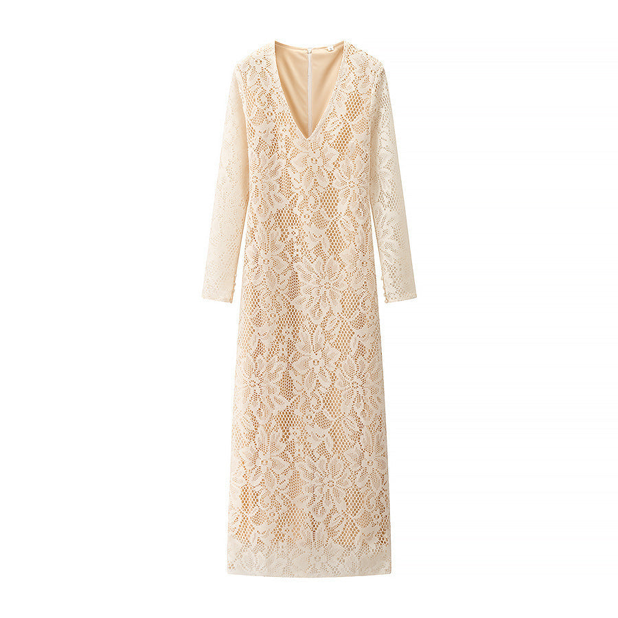 Lace Slim Fit Deep V-Neck Maxi Dress