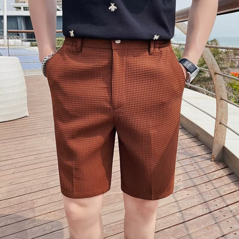 Men's Shorts – Slim Fit – Textured Woven Fabric – Button Closure – Knee Length