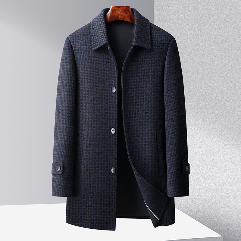 Notched Lapel Houndstooth Wool Coat