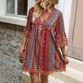 Women's Summer Dress – A-Line Fit – V-Neck – Boho Pattern – Lace Trim – 3/4 Sleeves