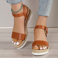 Women's sandals with wedge heel – Imitation leather – Jute sole – Open toe – Buckle closure