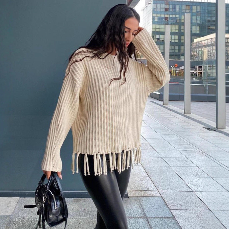 Oversized Chunky Wool Fringe Hem Sweater