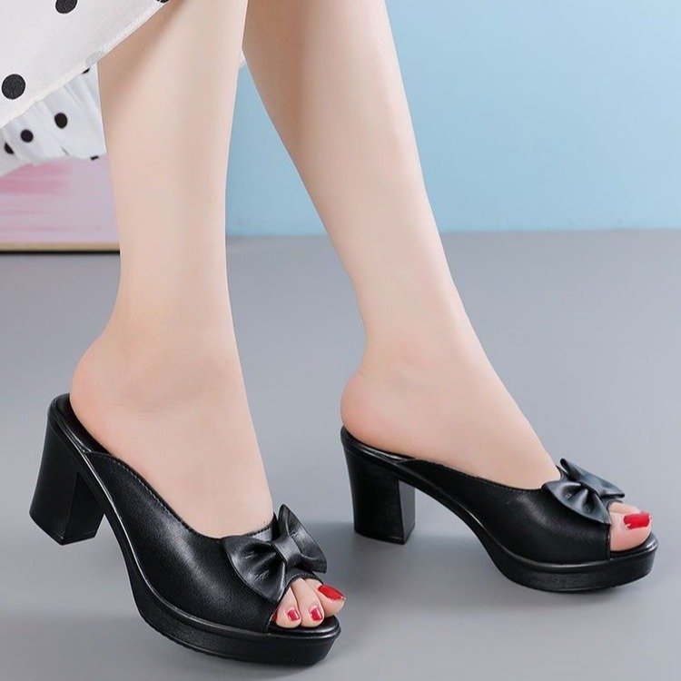 Women's Heeled Sandals – Faux Leather – Open Toe – Chunky Heel – Bow Detail