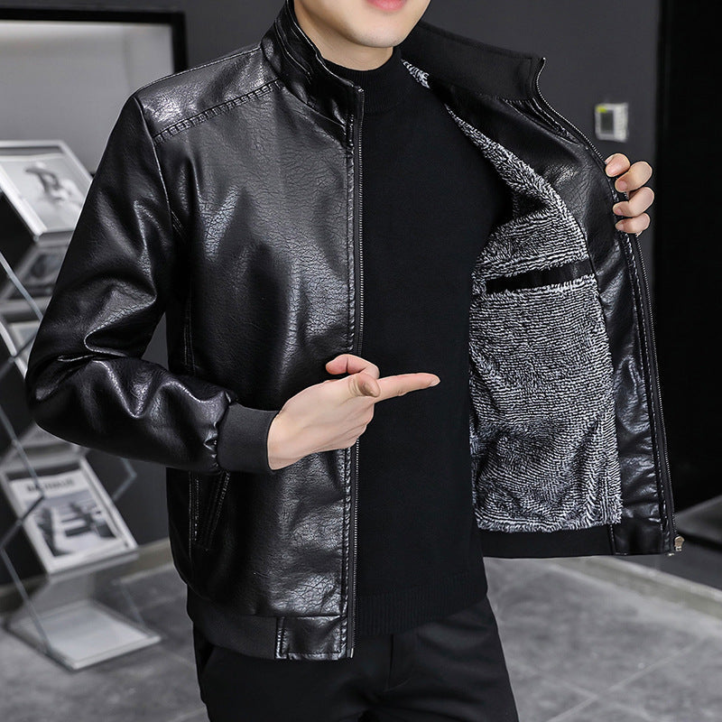Men's Leather Jacket – Slim Fit – Stand Collar – Ribbed Edges – Zipper Casual Design