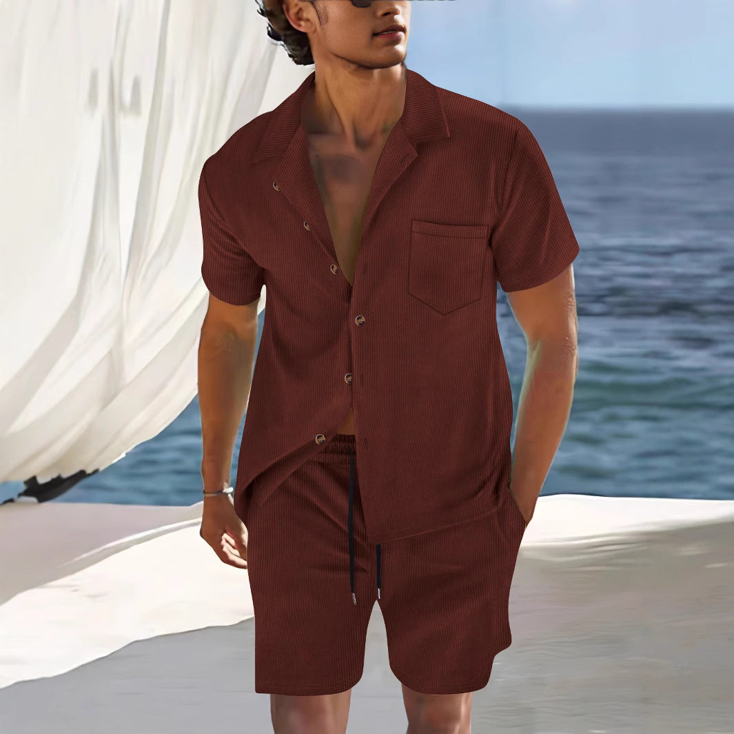 Men's Set with Shirt and Shorts – Relaxed Fit – Cuban Collar – Light Cotton Blend