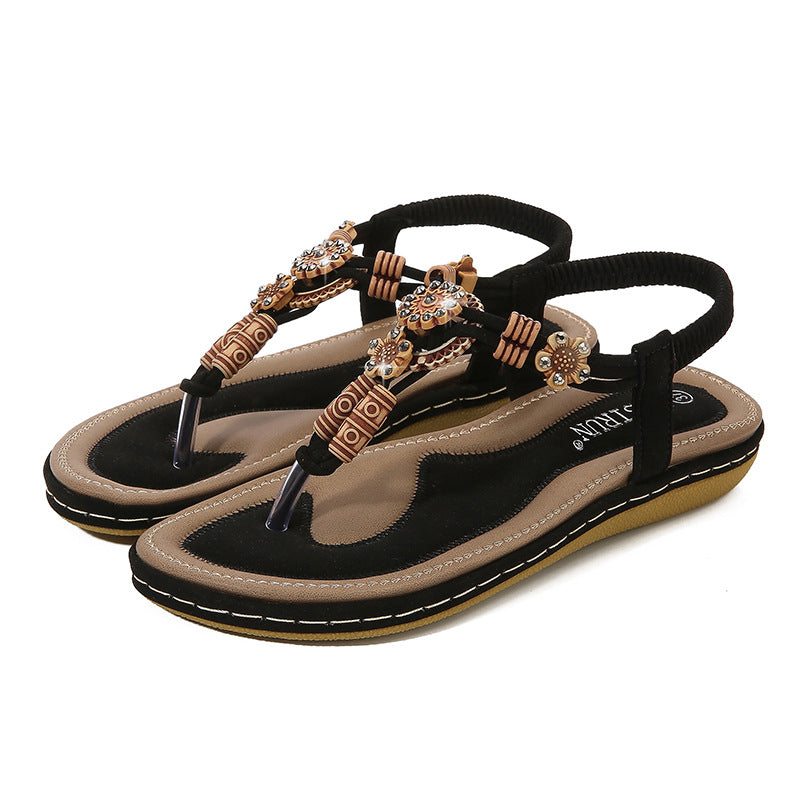 Women's Sandals – Flat Sole – Woven Toe Strap – Bohemian Wooden Beads – Relaxed Fit