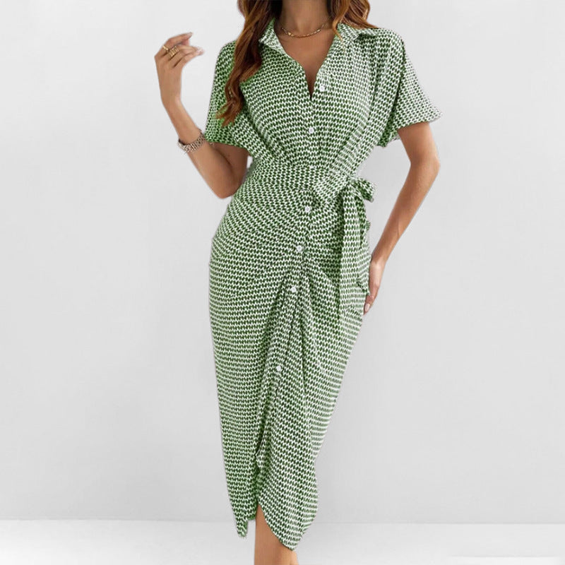 Dress for Women – Midi – V-Neck – Tailored Fit – Button Closure – Tie Belt