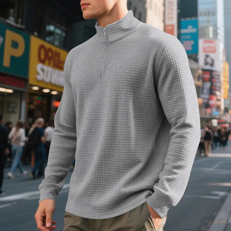 Quilted Textured Knit Quarter-Zip Sweater