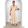Women's Maxi Dress – V-neck – Puff Sleeves – Lace Trim – Fitted Waist – A-line Skirt