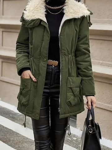 Faux Fur Hood Drawstring Waist Parka Jacket