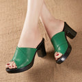 Women's sandals with heel – Leather upper – Block heel – Open toe – Cross strap design