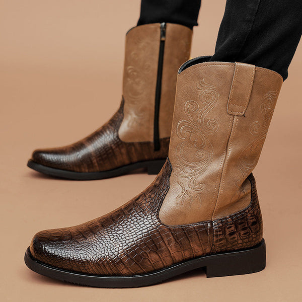 Men’s Boots - Leather - Mid-Calf Shaft - Embossed Upper - Scaly Textured Lower
