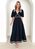 Women's Maxi Dress – V-neck – Puff Sleeves – Lace Trim – Fitted Waist – A-line Skirt