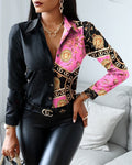 Women's Shirt - Button Closure - Chain Patterned Print - Classic Collar - Long Sleeves