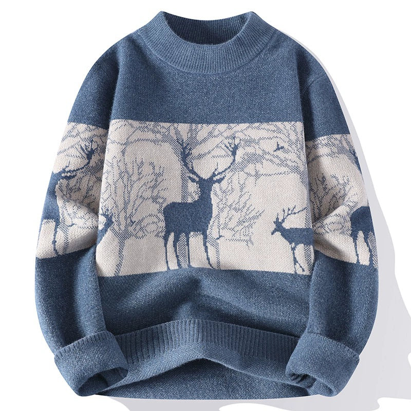 Deer Pattern Mock Neck Pullover Sweater