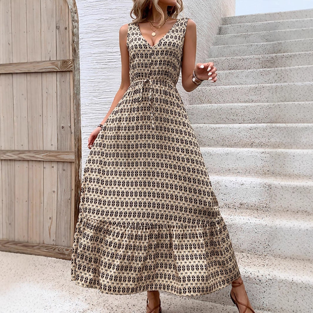 Women's Midi Dress – Sleeveless – Bohemian Print – V-neck – Waistband – Light and Airy