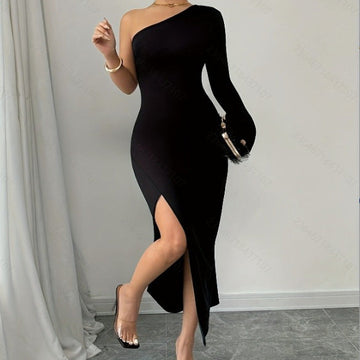Women's Long-Sleeve Bodycon Dress - Off-Shoulder - Asymmetric Slit Elegant Evening Wear