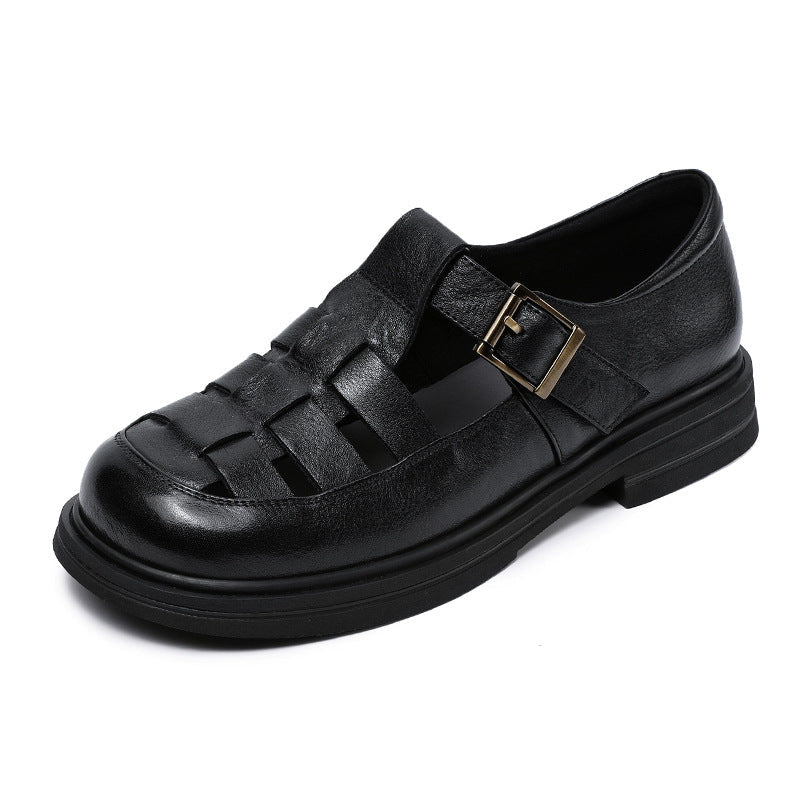 Women's Sandals – Genuine Leather – Cut-out Details – Flat Comfort Sole – Buckle Closure