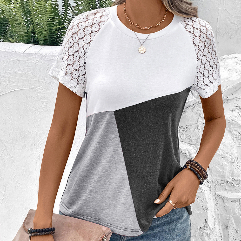 Lace Sleeves Cotton Blend Relaxed Fit T-Shirt