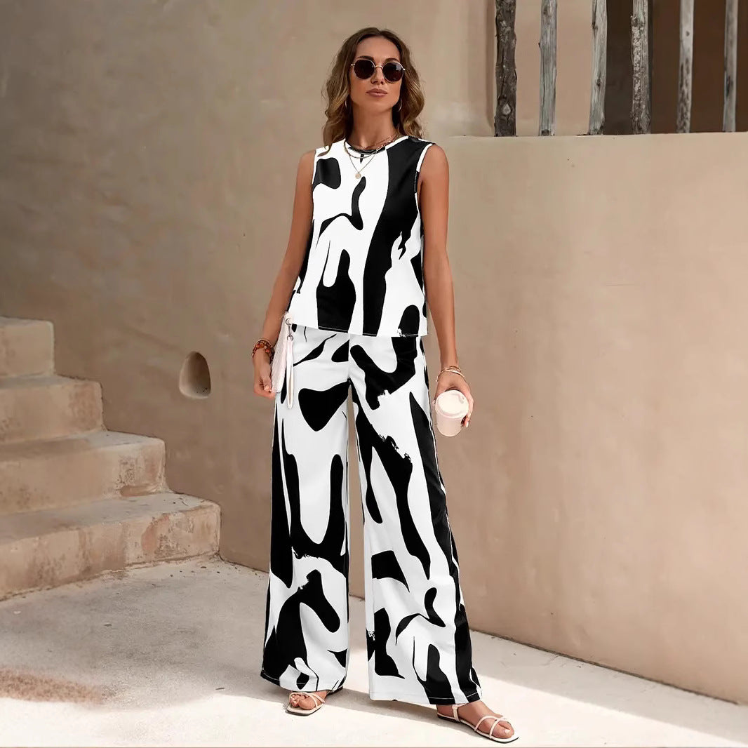 Women's 2-piece set, sleeveless top & wide pants, relaxed fit, breathable fabric