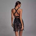 Women's Midi Dress – Fitted Silhouette – Deep V-Neckline – Sequin and Fringe Details