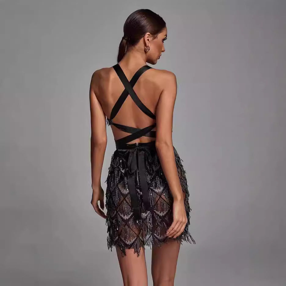 Women's Midi Dress – Fitted Silhouette – Deep V-Neckline – Sequin and Fringe Details