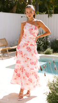 Women's maxi dress – asymmetrical shoulder – ruched top – layered A-line skirt