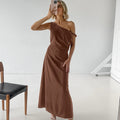 Women's Dress – Slim Fit – Cotton Linen Mix – Asymmetric One Shoulder – Ankle Length