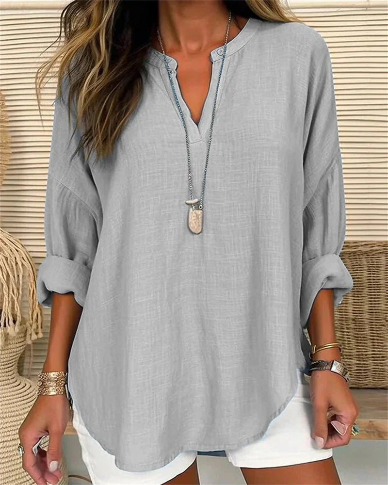 Women's Shirt with Long Sleeves – Cotton Linen – Relaxed Fit – Stand Collar