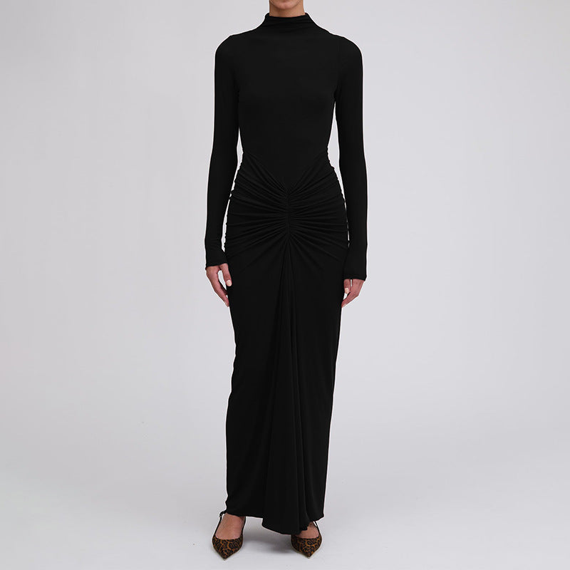 Kjole til kvinder – Bodycon pasform – Turtleneck – Lange ærmer – Rynket talje – Ankellang