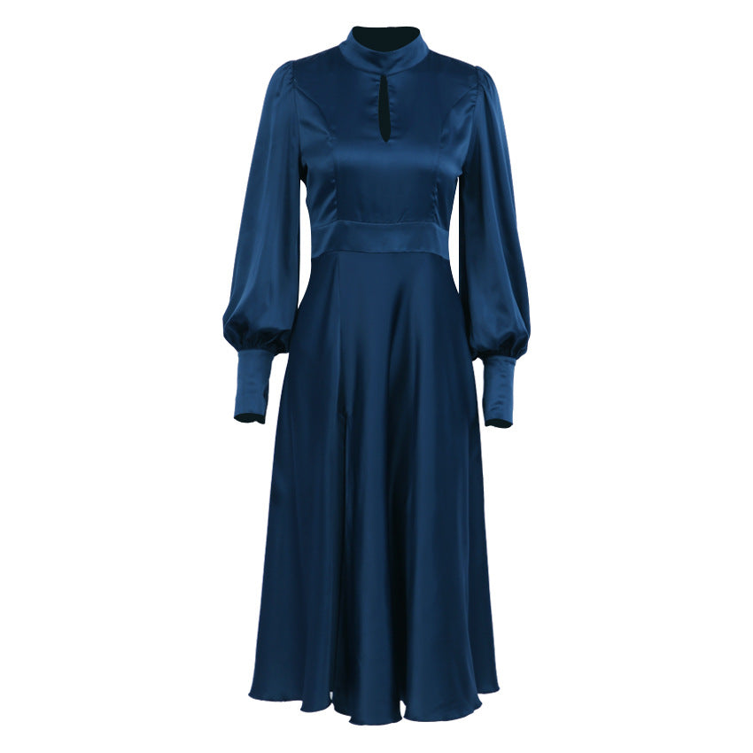 Women's Long Dress – Satin – High Neck – Puff Sleeves – Elegant Loose Fit