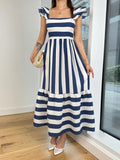 Women's Midi Dress – Cotton Blend – Relaxed Fit – Off-Shoulder – Ruffle Sleeves – Striped
