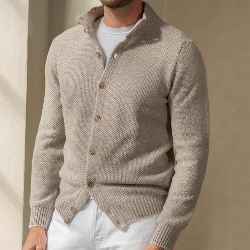 Herresweater i uld – Slim Fit – Sjalkrave – Knaplukning – Ribkanter