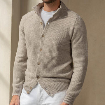 Herresweater i uld – Slim Fit – Sjalkrave – Knaplukning – Ribkanter