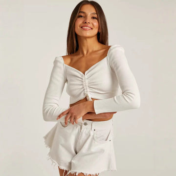 Dame Croppet Bluse – Slank Pasform – V-Hals – Ribstrik – Bindefront – Lange Ærmer