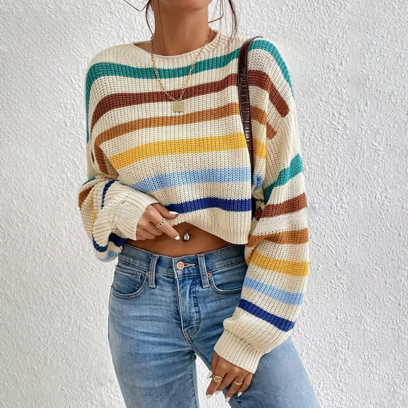 Women's Knit Sweater – Oversize Fit – Crew Neck – Striped Design – Long-Sleeved Casual