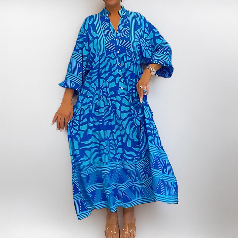 Women's Midi Dress – Loose Fit – Light Fabric – Button Closure – Rolled Sleeves – Print
