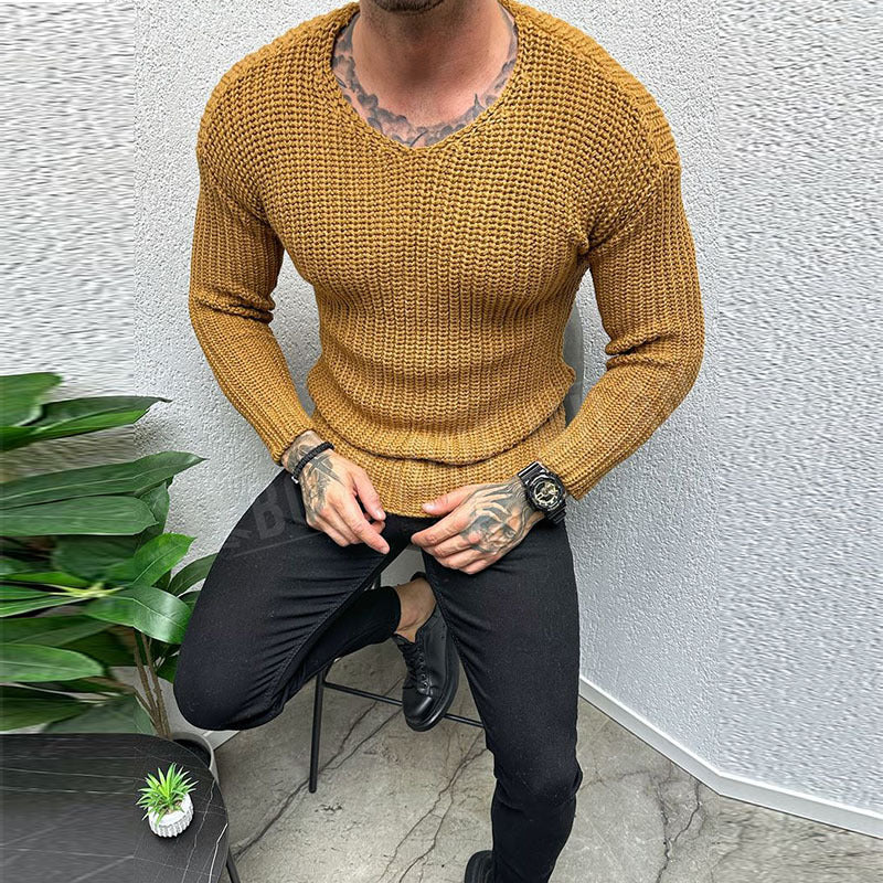 Men's Sweater – Slim Fit – Heavy Wool Knit – Round Neck – Long-Sleeved Casual Wear