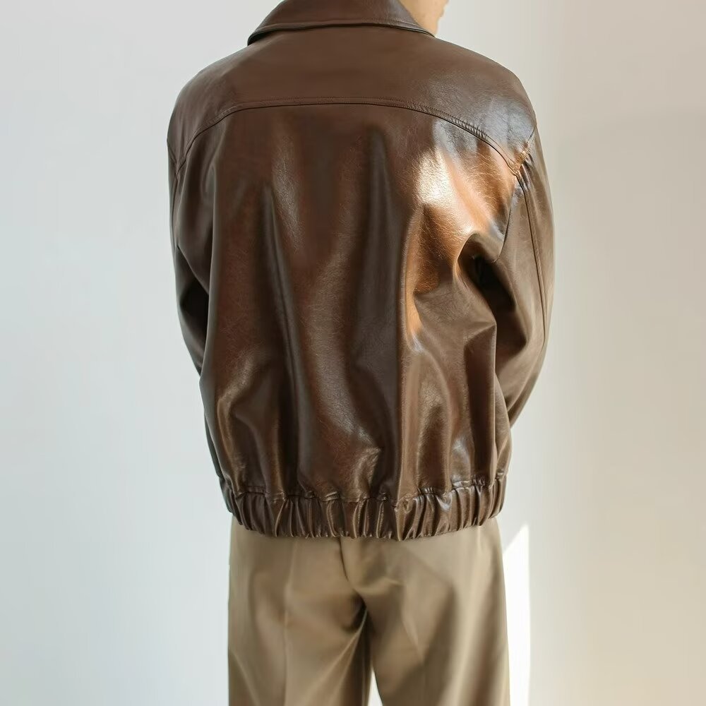 Men's Leather Jacket – Oversized Fit – Cropped Cut – Zipper Closure – Streetwear Style