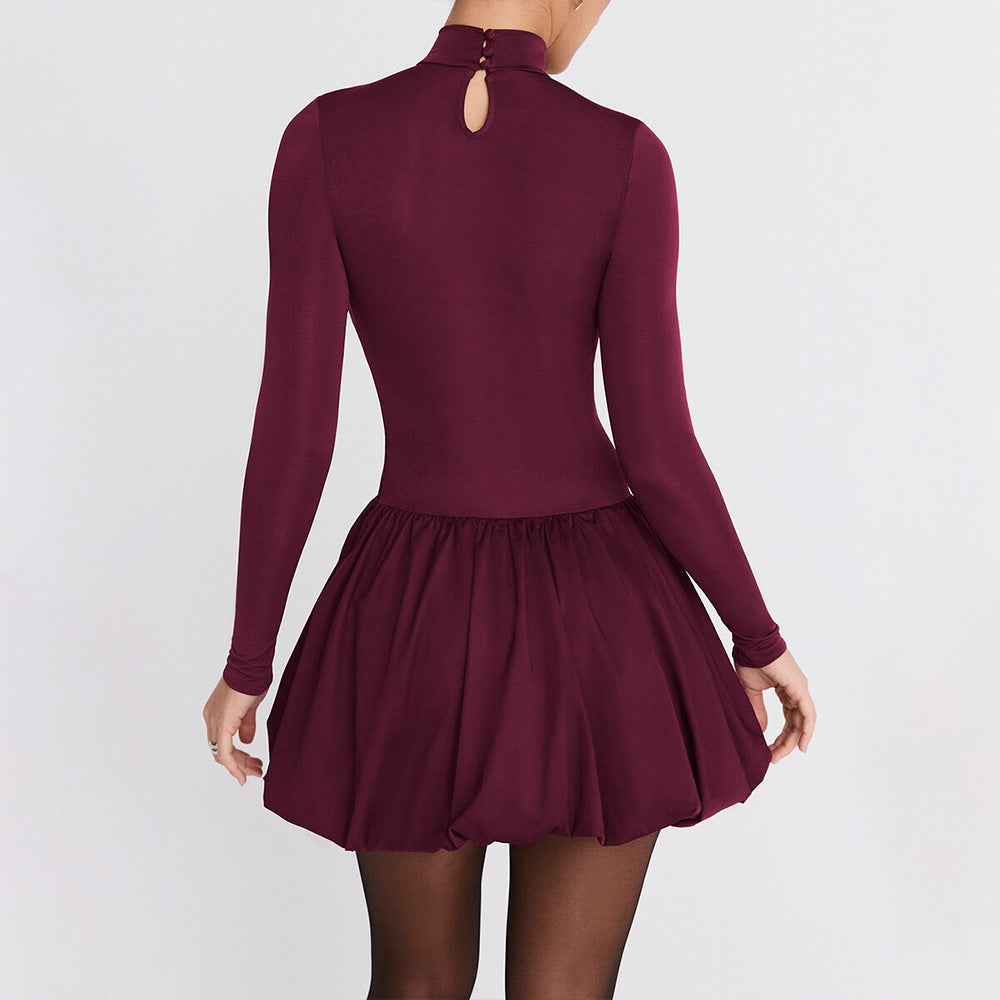 Dress for women – Slim fit mini dress – High neck – Long sleeves – A-line cut