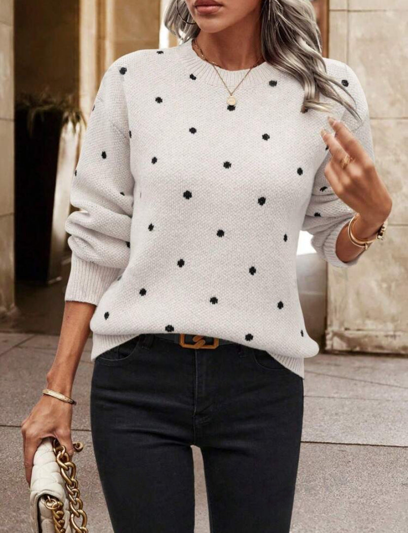 Women's Knit Sweater – Relaxed Fit – Polka Dot Pattern – Round Neck – Long Sleeves