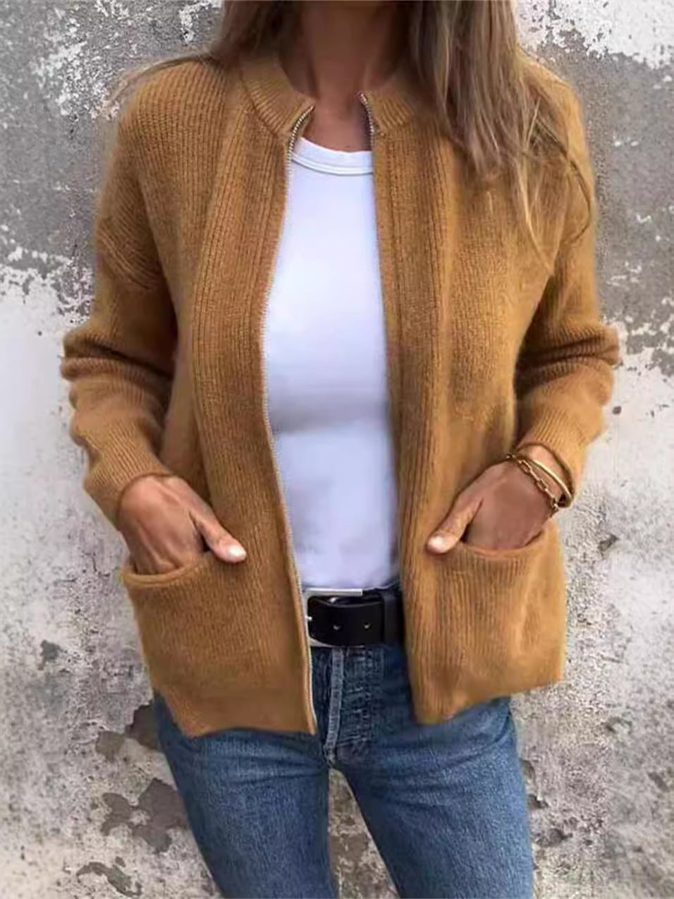 Ribbed Knit Loose Fit Stand-Up Collar Jacket