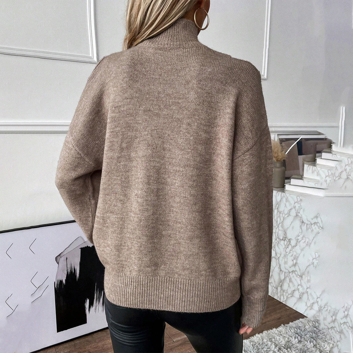 Women's Knit Sweater – Relaxed Fit – Off-Shoulder V-Neck – Ribbed Edges – Wool Blend