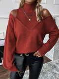 Women's Knit Sweater – Relaxed Fit – Off-Shoulder V-Neck – Ribbed Edges – Wool Blend