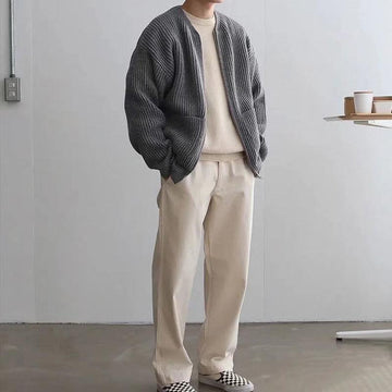 Relaxed Fit Ribbed Wool Blend Cardigan