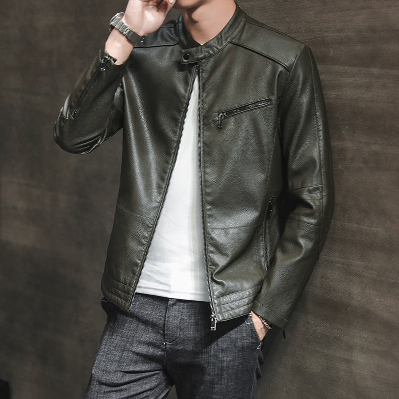 Men's Biker Jacket – Slim Fit – Leather Look – Stand Collar – Zipper Pockets